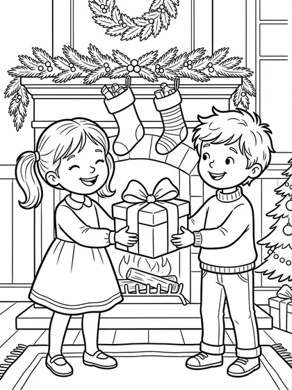 分け合うクリスマスのプレゼントの白黒ぬりえ線画