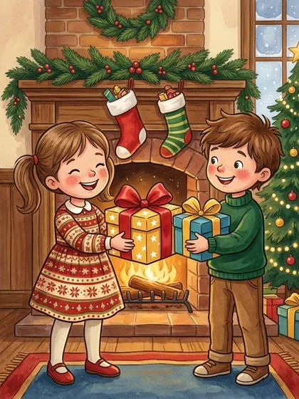 分け合うクリスマスのプレゼントのぬりえのカラーのお手本