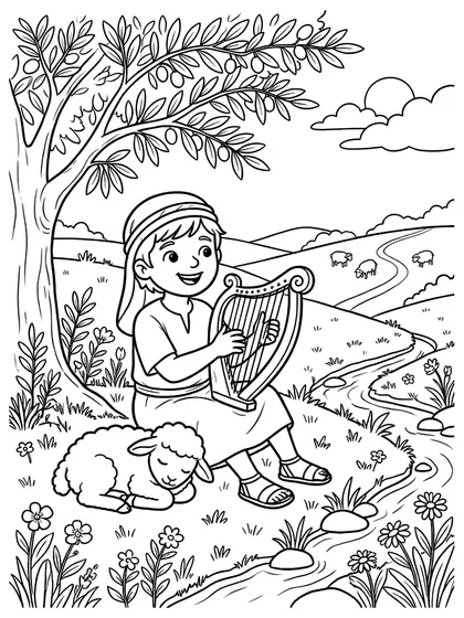 Black-and-white Bible storybook coloring page: Young David the Harping Shepherd, playing a wooden harp under an olive tree while a fluffy lamb rests beside a peaceful stream