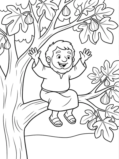 Dibujo en blanco y negro de Zaqueo en el sicómoro para colorear