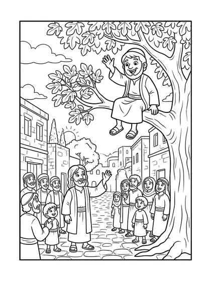 Coloriage Zachée sur le sycomore en noir et blanc
