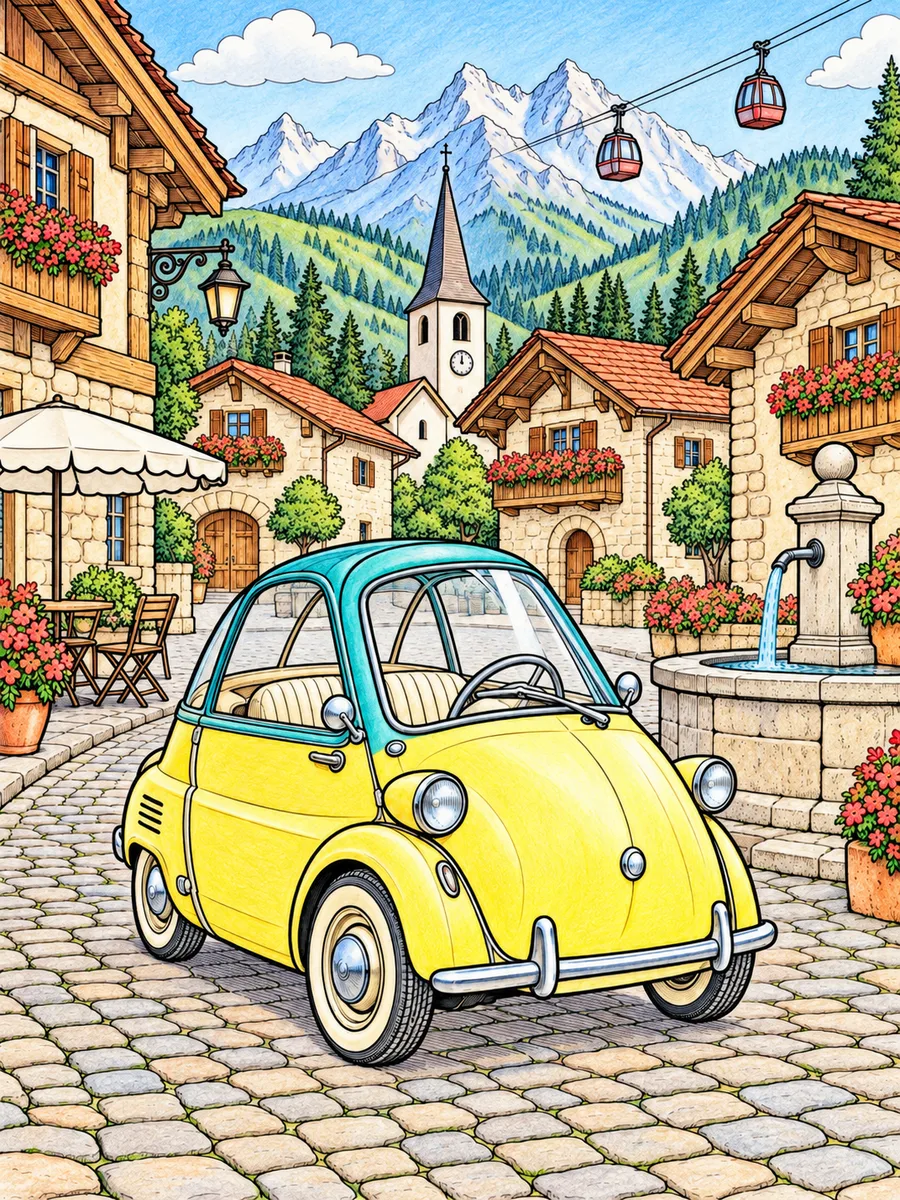 バブルカーのぬりえのカラーのお手本、In an Alpine Village