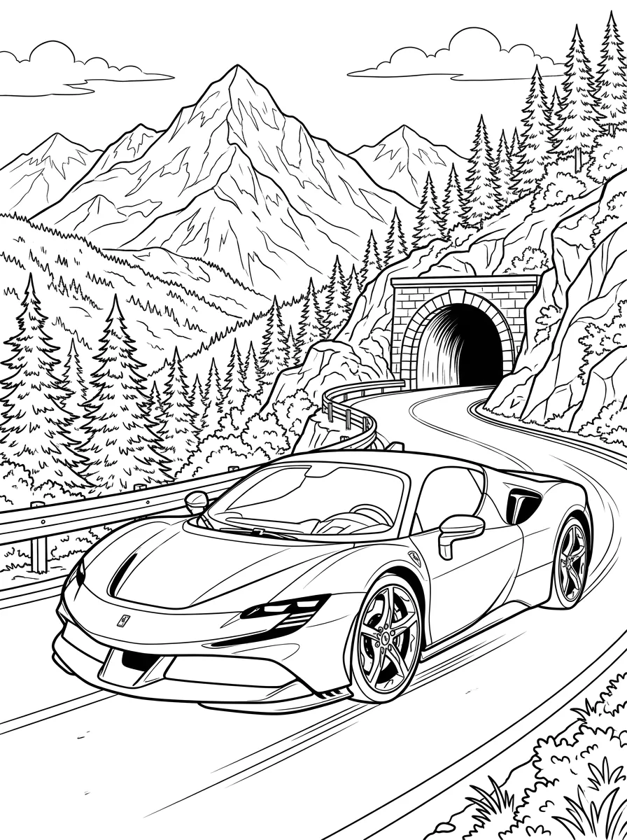 Coloriage Supercar Ferrari en noir et blanc, Route des tunnels alpins (9-11 ans)
