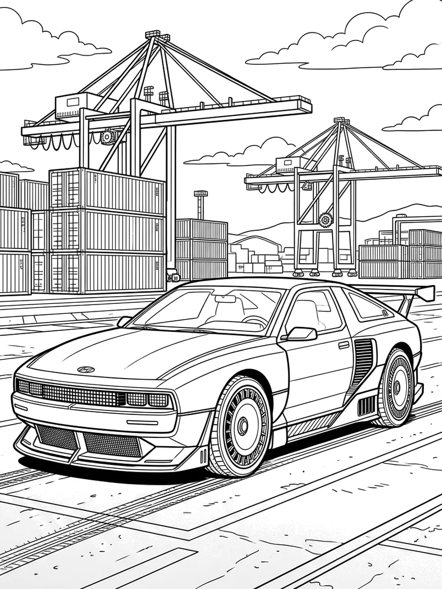 Dibujo en blanco y negro de Hyundai N Vision 74 para colorear, Pista de pruebas del puerto (9-11 años)