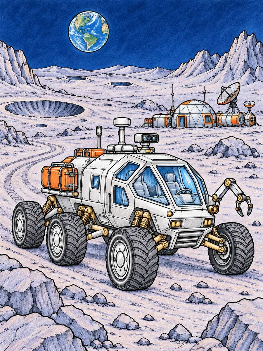 月面探査車のぬりえのカラーのお手本、At a Moon Base