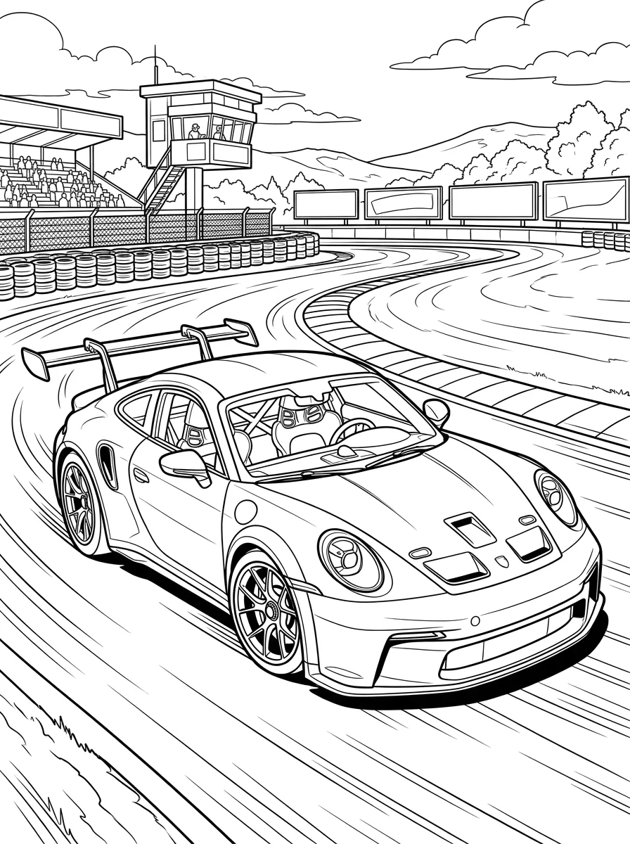 Dibujo en blanco y negro de Porsche 911 GT3 para colorear, Curva del circuito de carreras (9-11 años)