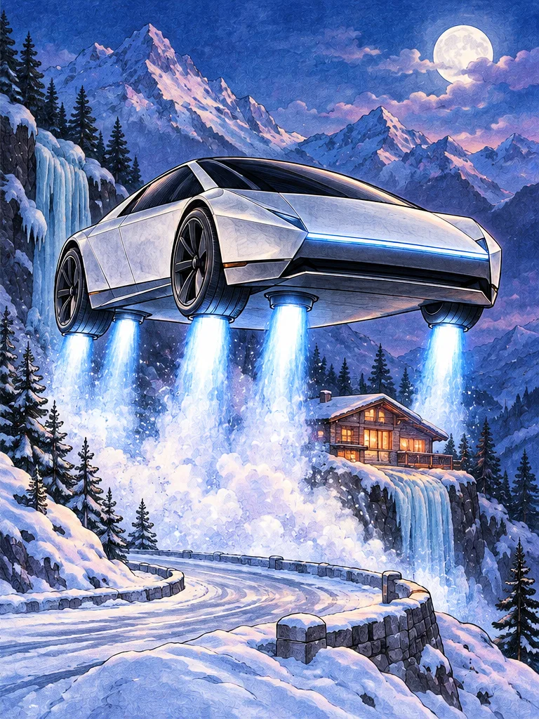 Modelo en color de prototipo de Tesla Roadster volador para colorear, Ascenso sobre un puerto alpino en invierno