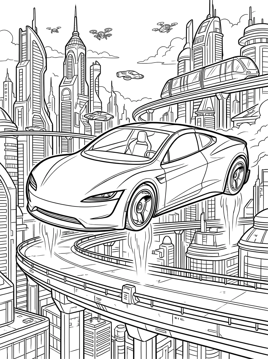 Dibujo en blanco y negro de Tesla Roadster volador (prototipo) para colorear, Autopista aérea de la ciudad del futuro (9-11 años)
