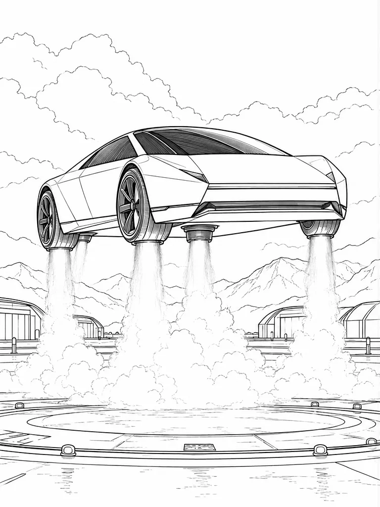 Dibujo en blanco y negro de prototipo de Tesla Roadster volador para colorear, Despegue vertical en un campo de pruebas nocturno