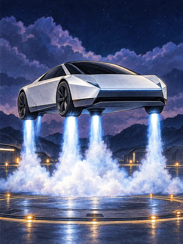 Modelo en color de prototipo de Tesla Roadster volador para colorear, Despegue vertical en un campo de pruebas nocturno
