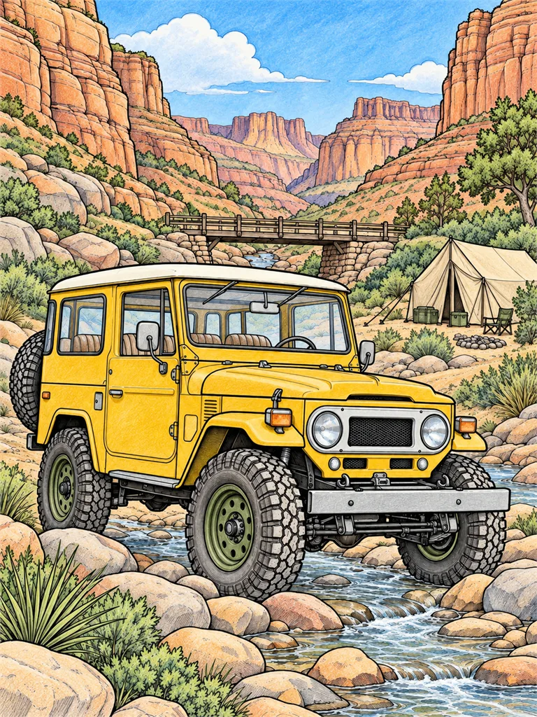 Colored-pencil reference of the Toyota Land Cruiser FJ40 in a desert canyon expedition camp scene