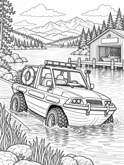 山の湖の水陸両用救助車の白黒ぬりえ線画