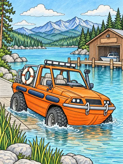 水陸両用の救助車のぬりえのカラーのお手本、At a Mountain Lake