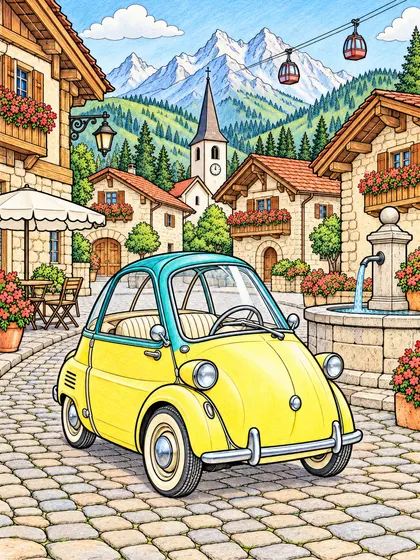 Modèle en couleur du coloriage microcar bulle, In an Alpine Village