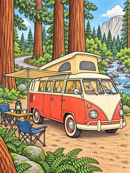 クラシックなキャンピングバンのぬりえのカラーのお手本、At a Redwood Camp
