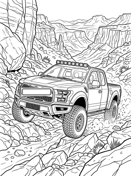 협곡 오프로드 길 배경의 포드 F-150 랩터 R 흑백 자동차 색칠공부 선화(10세용, 실제 차 디자인)
