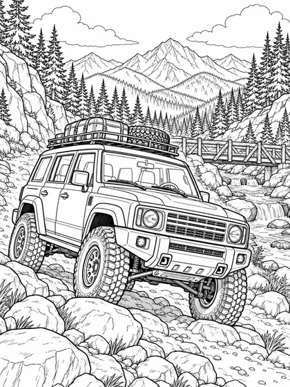 산악 트레일 풍경 속 오프로드 SUV 흑백 자동차 색칠공부 선화