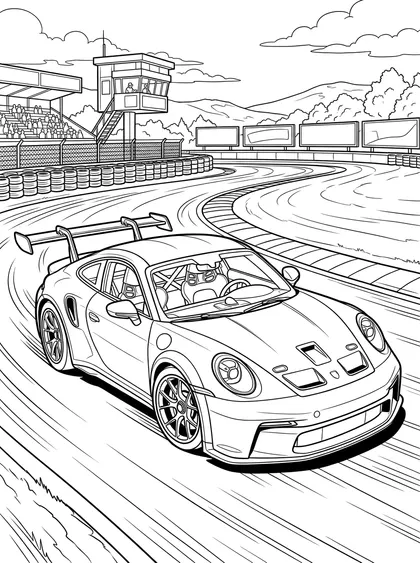 레이싱 서킷 코너 배경의 포르쉐 911 GT3 흑백 자동차 색칠공부 선화(10세용, 실제 차 디자인)