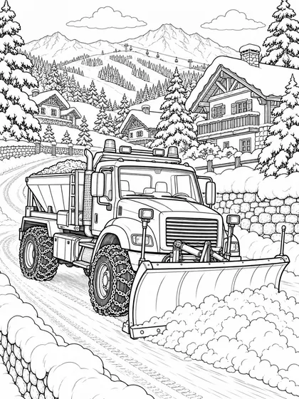 雪の山の町の除雪車の白黒ぬりえ線画