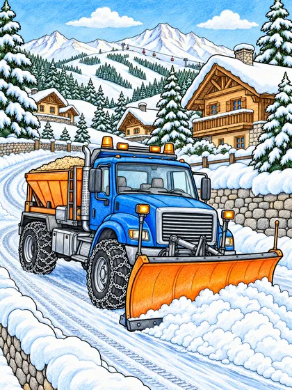除雪車のぬりえのカラーのお手本、In a Mountain Town