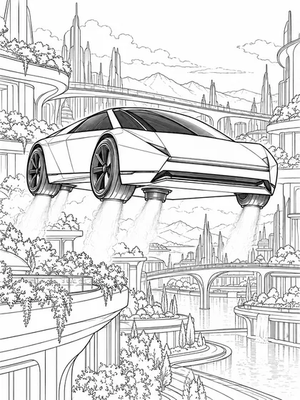 Dibujo en blanco y negro de prototipo de Tesla Roadster volador para colorear, Planeando entre jardines de una ciudad futurista