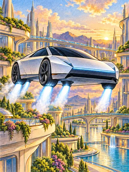 Colored-pencil reference of the Tesla Flying Roadster concept in a gliding between futuristic city gardens scene