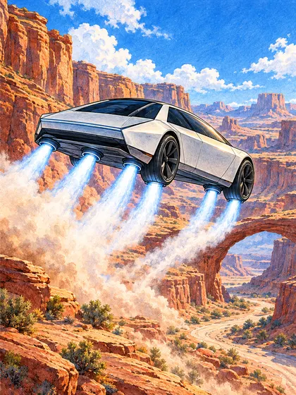 Colored-pencil reference of the Tesla Flying Roadster concept in a banking flight through a red-rock canyon scene