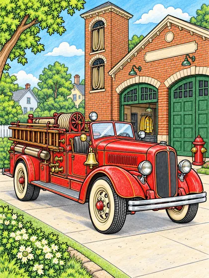 ヴィンテージの消防車のぬりえのカラーのお手本、At a Brick Firehouse