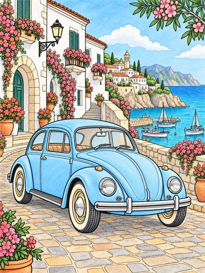 Colored-pencil reference of the Volkswagen Beetle in a mediterranean coastal village scene