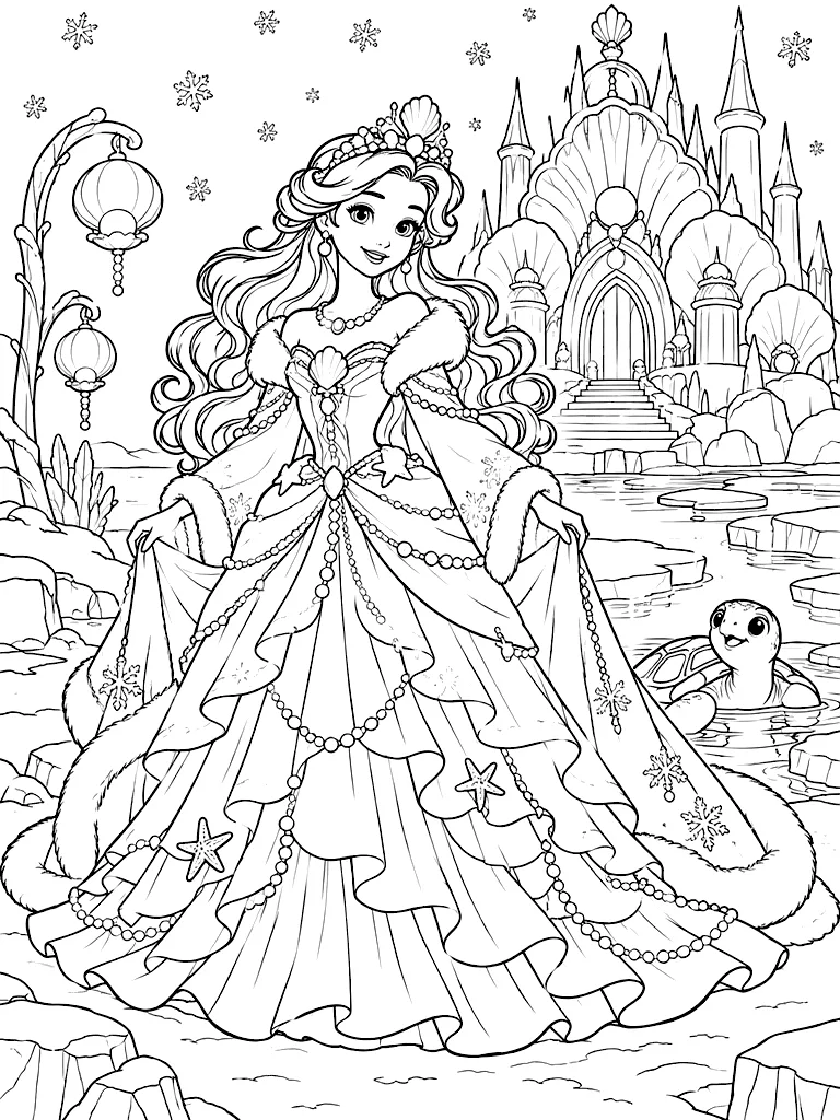 Dibujo en blanco y negro de princesa Marina de la perla ártica y su castillo para colorear