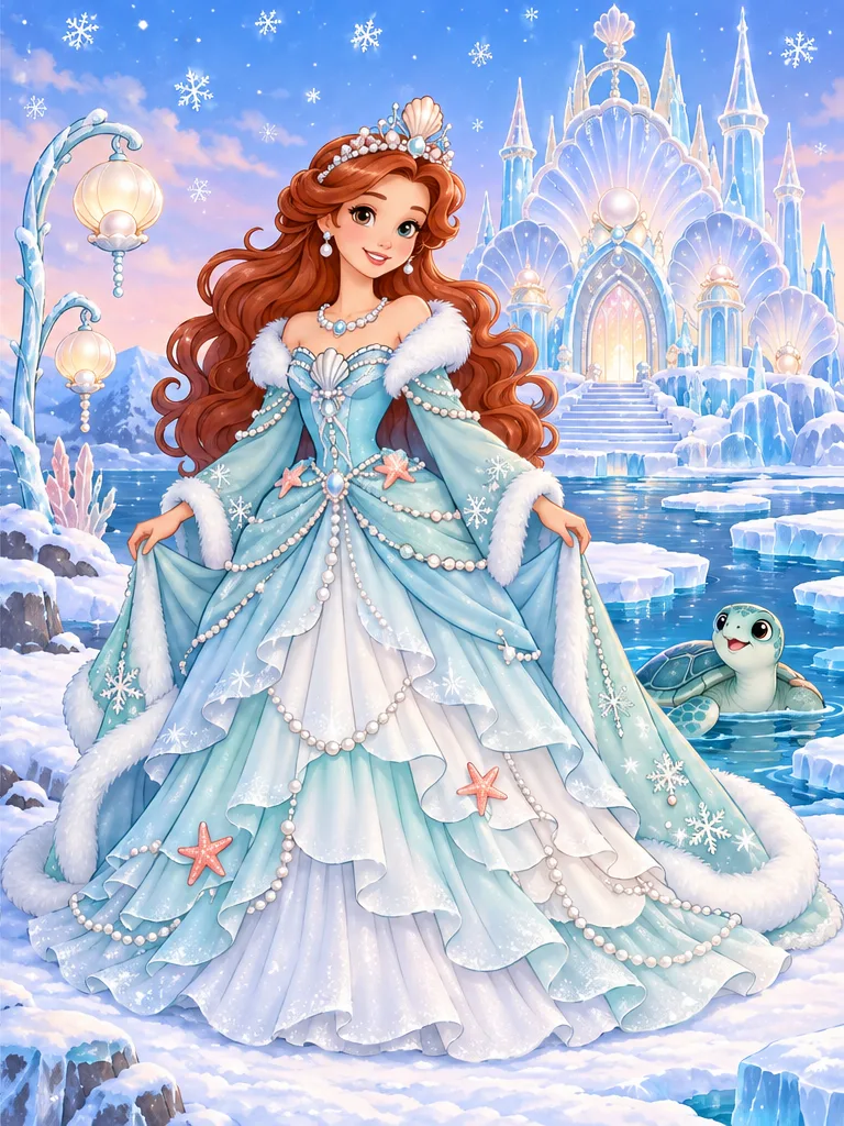 Modelo en color de princesa Marina de la perla ártica y su castillo para colorear