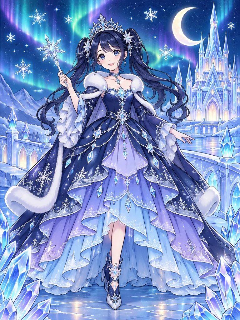 Aurora Crystal Princess Luna Castle coloring page color example - Color reference of Aurora Crystal Princess Luna in midnight navy, violet, silver, aqua, pale blue, aurora green