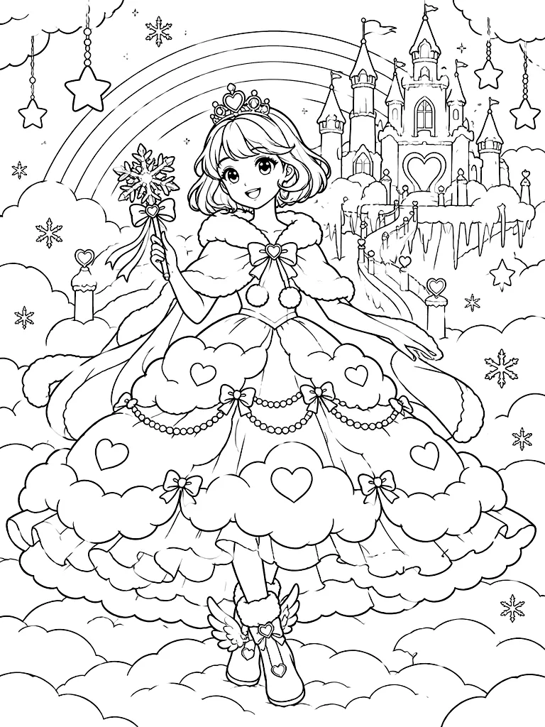 Rainbow Snowcloud Princess Chloe Castle coloring page - Black-and-white coloring line art of Rainbow Snowcloud Princess Chloe with rainbow floating snowcloud palace