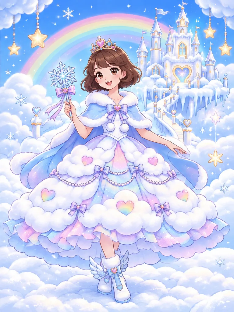 Rainbow Snowcloud Princess Chloe Castle coloring page color example - Color reference of Rainbow Snowcloud Princess Chloe in sky blue, cloud white, lavender, pale pink, rainbow accents