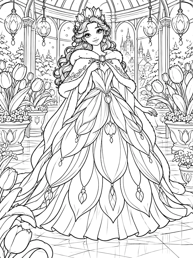 Winter Tulip Princess Flora Castle coloring page - Black-and-white coloring line art of Winter Tulip Princess Flora with winter tulip glasshouse palace in snowy gardens