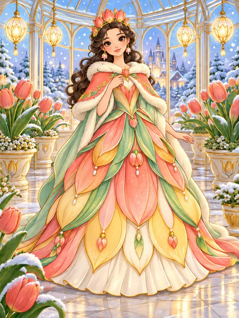 Winter Tulip Princess Flora Castle coloring page color example - Color reference of Winter Tulip Princess Flora in coral, golden yellow, mint, leaf green, icy blue, warm cream