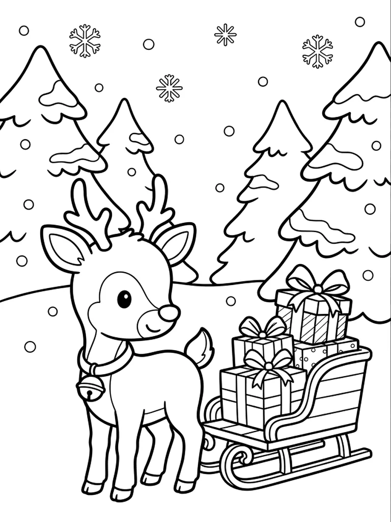 Christmas Reindeer coloring page - Black-and-white Christmas coloring page of a baby reindeer with a bell collar beside a sleigh full of presents in a snowy fir forest