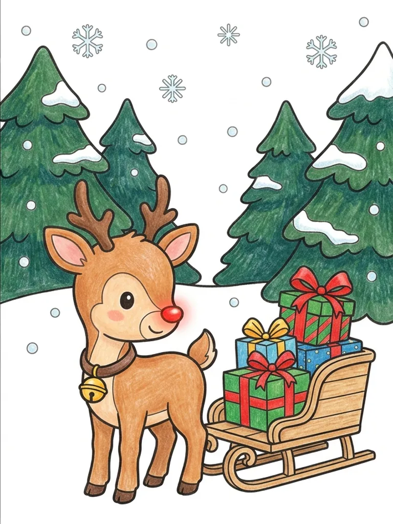Christmas Reindeer coloring page color example - Colored reference of a baby reindeer with a bell collar beside a sleigh full of presents in a snowy fir forest
