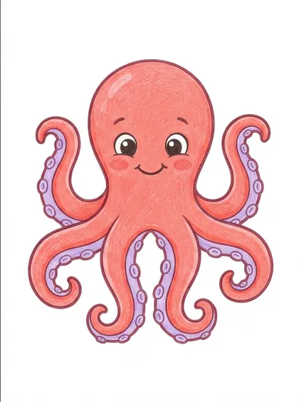 흰 배경의 귀여운 문어 컬러 완성 참고 PNG