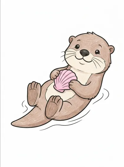 흰 배경의 귀여운 수달 컬러 완성 참고 PNG
