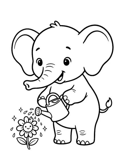 Black-and-white coloring page of Elphi the Baby Elephant, a cute elephant