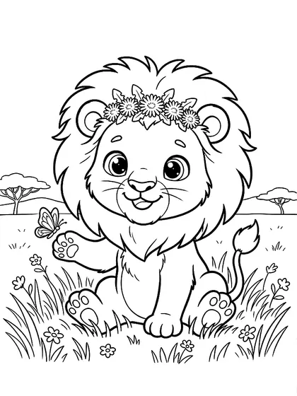 Black-and-white coloring page of Leo the Baby Lion, a cute lion