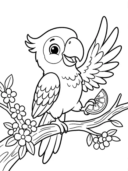 Black-and-white coloring page of Lolo the Rainbow Parrot, a cute parrot