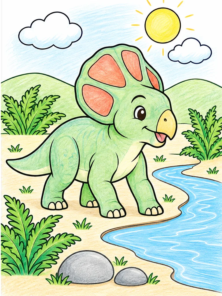 Colored-pencil reference of Brookhorn the Protoceratops in a shallow prehistoric stream