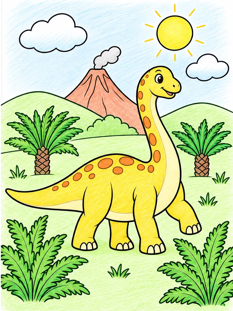 Colored-pencil reference of Sunneck the Diplodocus in an open fern meadow