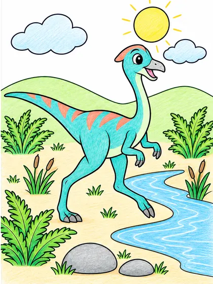 Colored-pencil reference of Riverdash the Gallimimus in a shallow prehistoric river