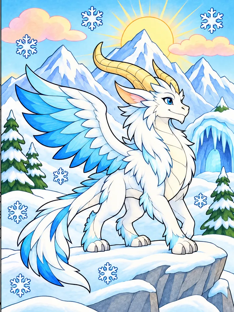 Modelo en color de dragón de la nieve fácil para colorear, Alpinaire (fácil)