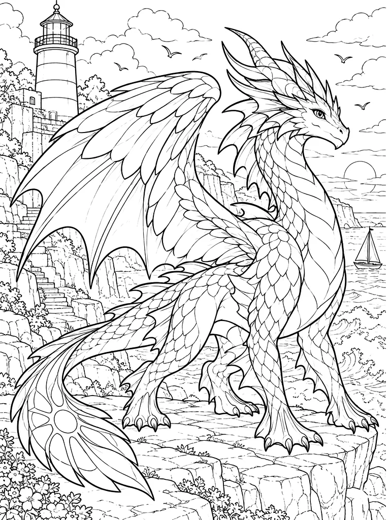 Dibujo en blanco y negro de dragón del faro para colorear, Beaconfin
