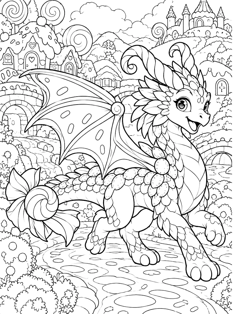 Candy Dragon coloring page - Candylume candy village dragon as black-and-white printable coloring line art in candy-like cottages, lollipop trees, gumdrop hills, a chocolate-style bridge, puffy clouds, and a frosting-like path