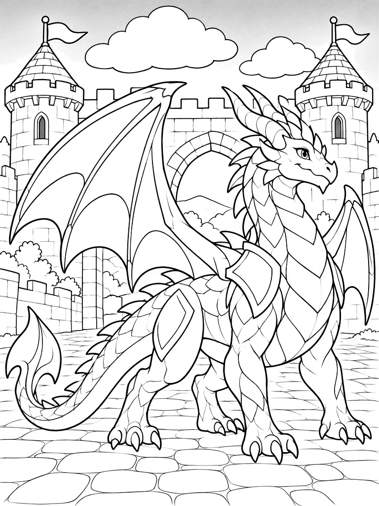 かんたんなお城のドラゴンの白黒ぬりえ線画、カステリアン（かんたん）